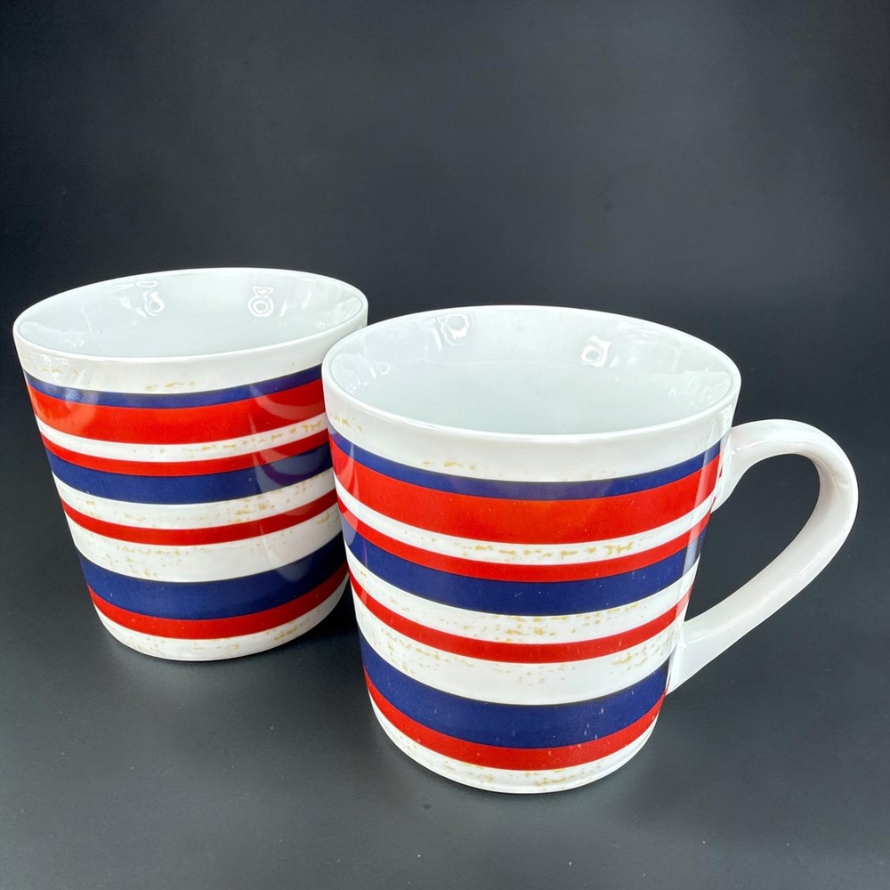 Pier 1 Imports Red Blue Striped Porcelain Coffee Mugs Set of 2 Nautical New Tags